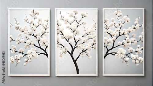 set of three vertical poster, minimalist single  sakura tree