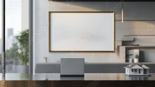 A frame mockup hanging in a stylish real estate office