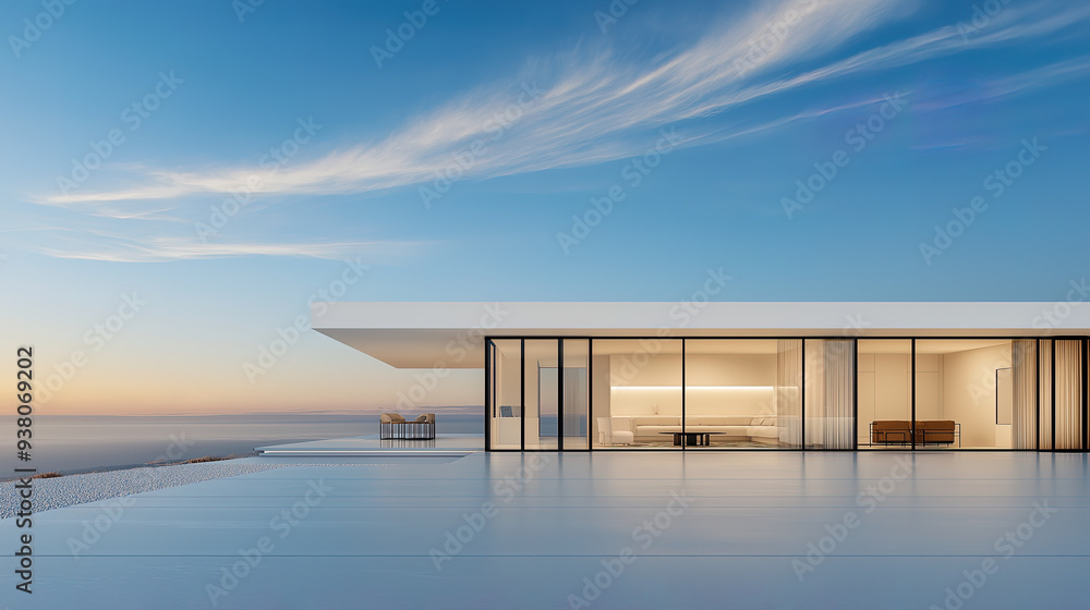Fototapeta premium White luxury modern villa with beautiful sea view, minimalist geometric design, scene for car presentation