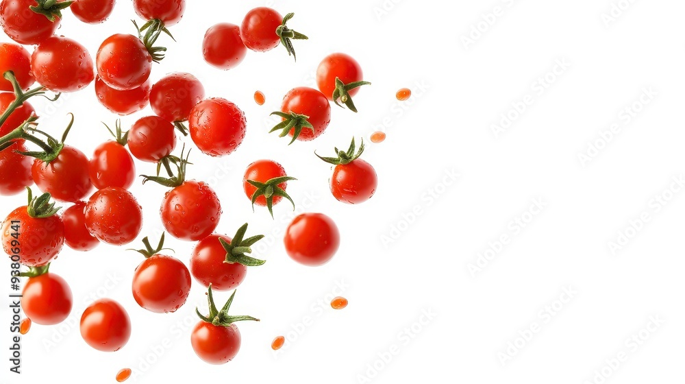 A group of red cherry tomatoes on a white background, some with stems and some without, falling in mid-air. A group of red cherry tomatoes on a white background, some with stems and some without, falling in mid-air.