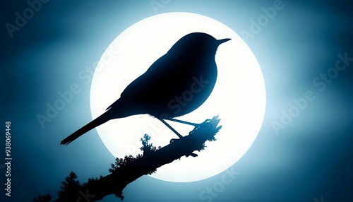 silhouette of a nightingale bird in a cool moonlight photo