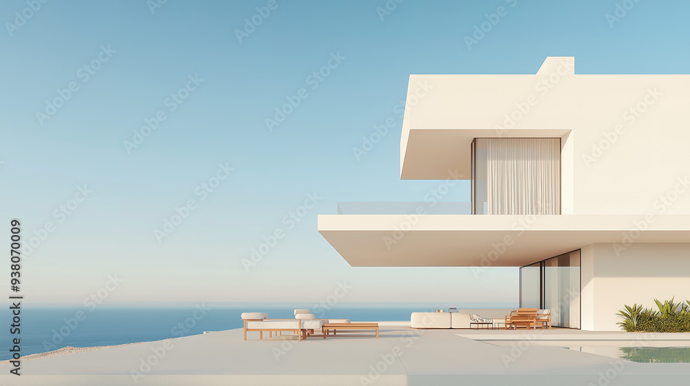 White luxury modern villa with beautiful sea view, minimalist geometric design, scene for car presentation White luxury modern villa with beautiful sea view, minimalist geometric design, scene for car presentation