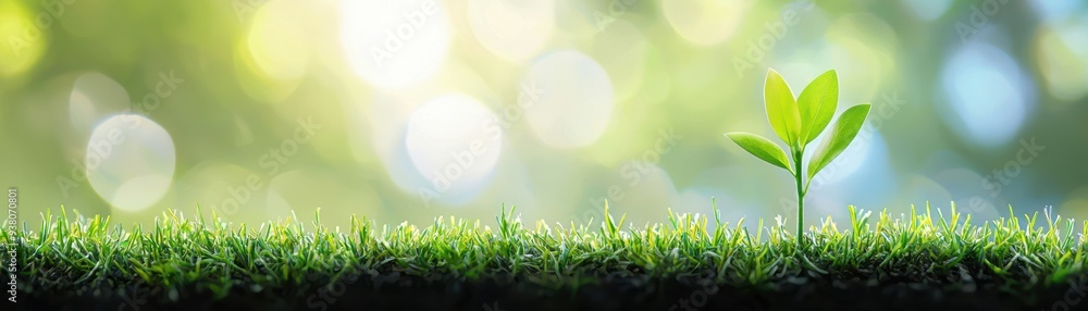Fototapeta premium A vibrant green sprout emerging from fresh grass, symbolizing growth and renewal in a serene natural setting.