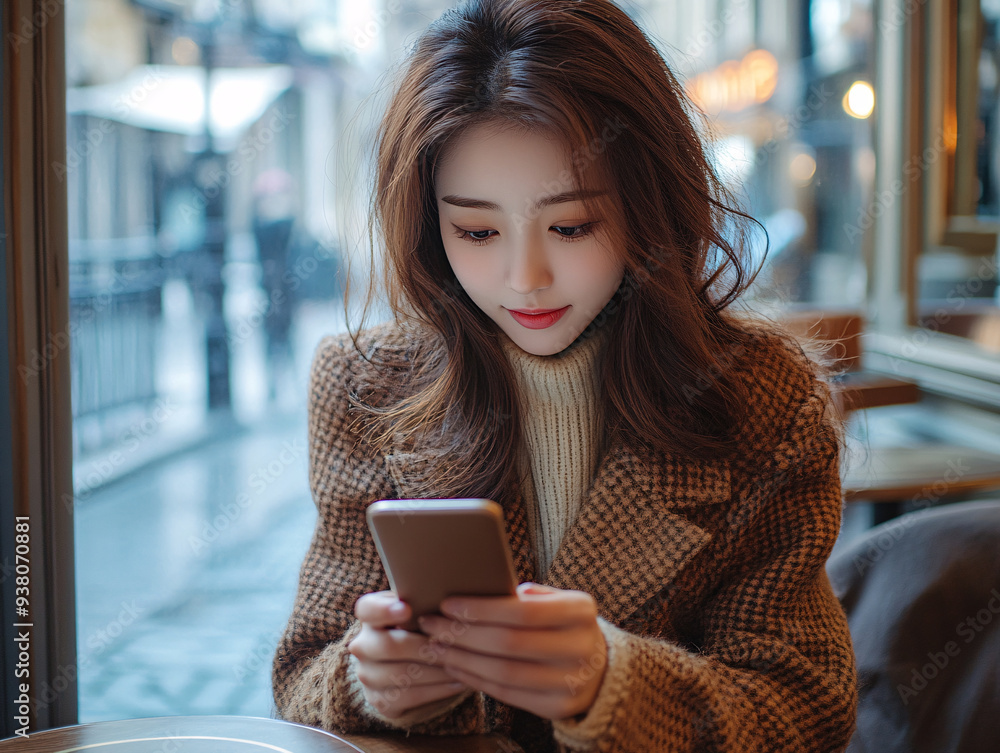 A young asian woman with dark hair is reading a book in a outdoor cafe. She is wearing a light-colored top. A young asian woman with dark hair is reading a book in a outdoor cafe. She is wearing a light-colored top.