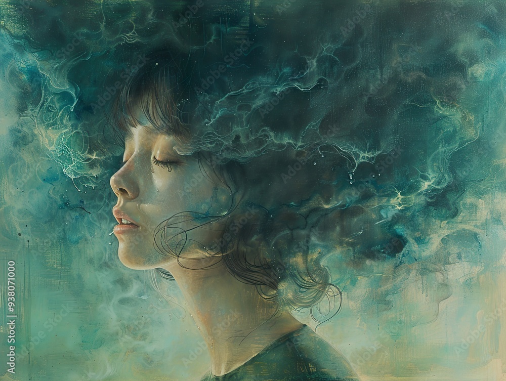Dreamy Portrait of a Woman with Abstract Clouds Dreamy Portrait of a Woman with Abstract Clouds