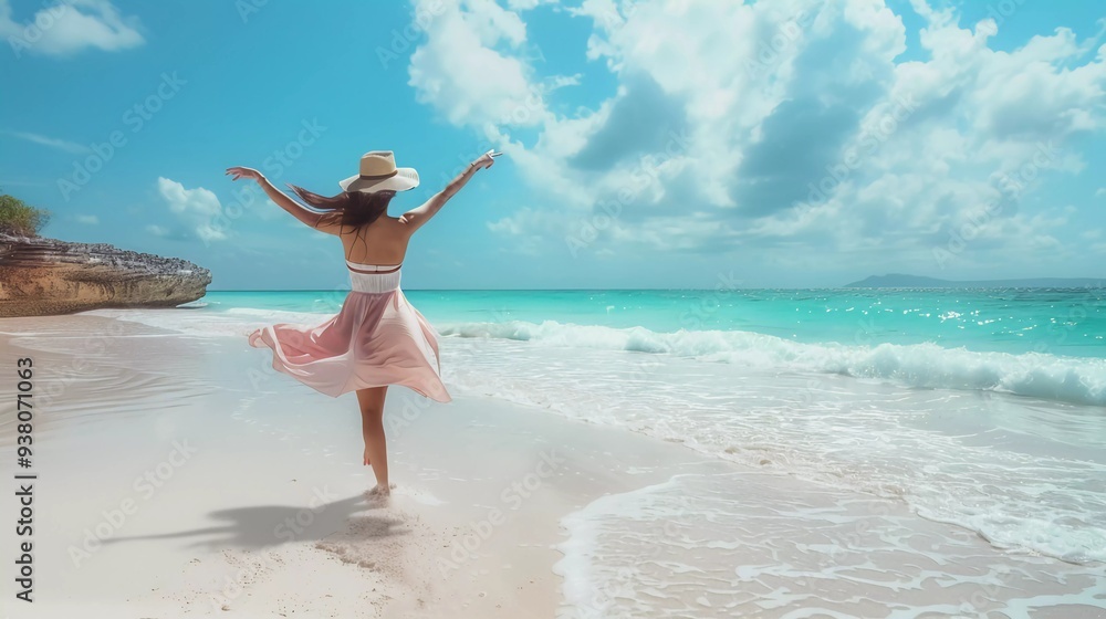 beautiful tourist using white hat in a beach with white sand photography beautiful tourist using white hat in a beach with white sand photography
