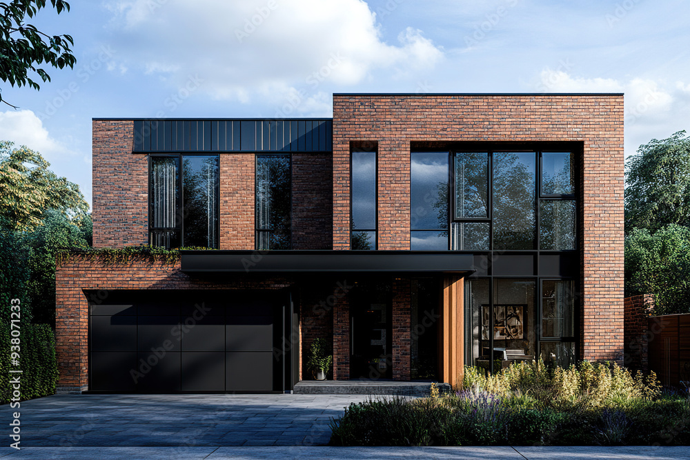 A two-story house with brick walls and black windows, in a modern style, with a dark gray garage in front of the building. The exterior is decorated with green plants, creating an atmosphere of luxury A two-story house with brick walls and black windows, in a modern style, with a dark gray garage in front of the building. The exterior is decorated with green plants, creating an atmosphere of luxury