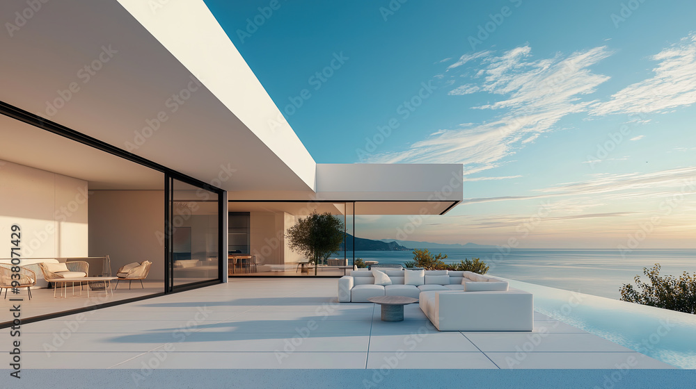 Fototapeta premium White luxury modern villa with beautiful sea view, minimalist geometric design, scene for car presentation