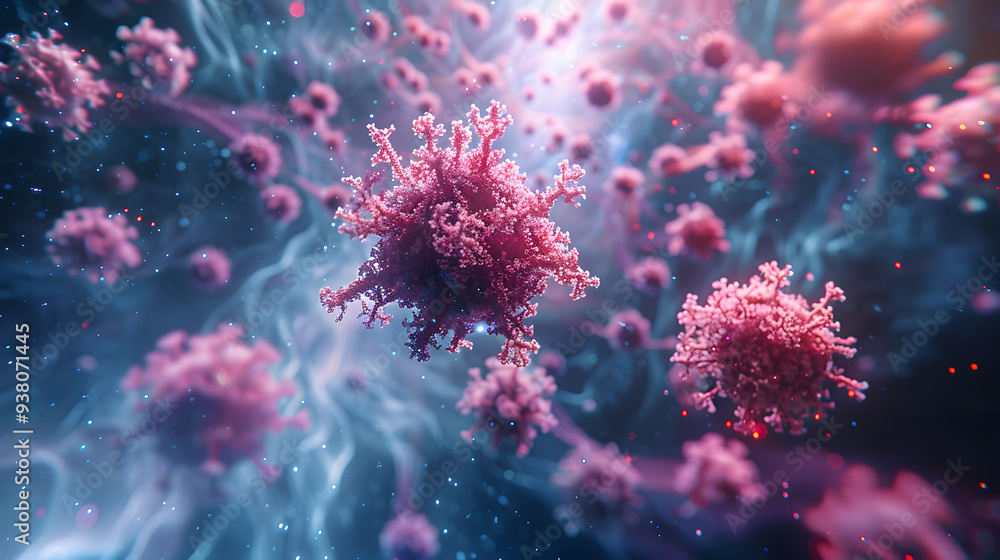 An abstract representation of viruses in a microscopic environment, showcasing pink, spiky virus particles floating in a dynamic, fluid background An abstract representation of viruses in a microscopic environment, showcasing pink, spiky virus particles floating in a dynamic, fluid background
