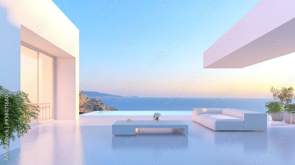 Fototapeta premium White luxury modern villa with beautiful sea view, minimalist geometric design, scene for car presentation
