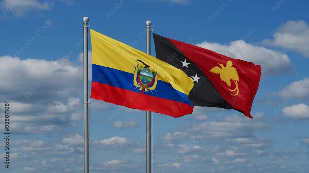 Papua New Guinea and Ecuador flags flying together, video concept of the relationship, two country relations concept Papua New Guinea and Ecuador flags flying together, video concept of the relationship, two country relations concept