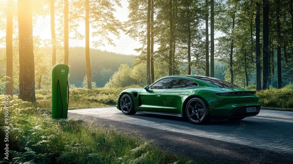 A green electric car is parked on a road in a forest, with a charging station in the background. The sun is shining through the trees, creating a warm and inviting atmosphere. A green electric car is parked on a road in a forest, with a charging station in the background. The sun is shining through the trees, creating a warm and inviting atmosphere.