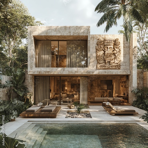 A luxurious modern 2story villa, nestled in tropical landscapes, showcasing historical Maya culture through detailed carvings and ancient architectural motifs photo