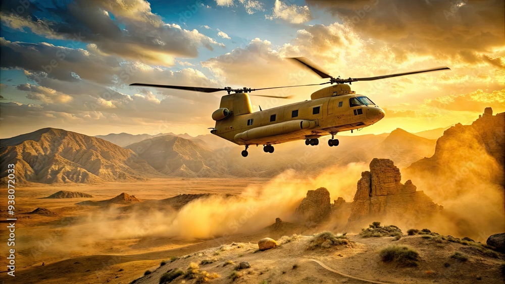 A large, tan, tandem-rotor Boeing CH-47 Chinook military helicopter flies low over a rugged, rocky, barren desert landscape with a yellow-brown haze. A large, tan, tandem-rotor Boeing CH-47 Chinook military helicopter flies low over a rugged, rocky, barren desert landscape with a yellow-brown haze.