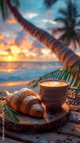 Good morning, cozy breakfast with coffee and croissant on the beach at sunrise photo