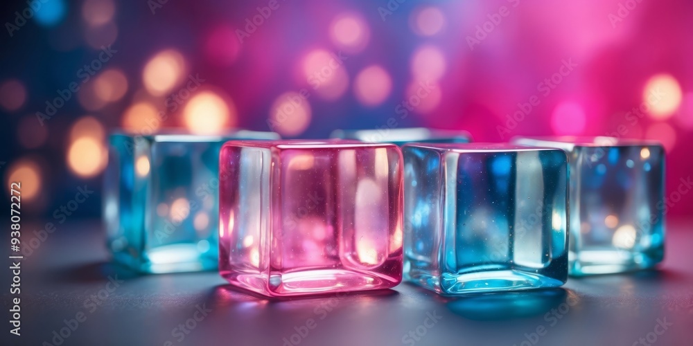 Three iridescent cubes arranged on a blue and pink background. Three iridescent cubes arranged on a blue and pink background.