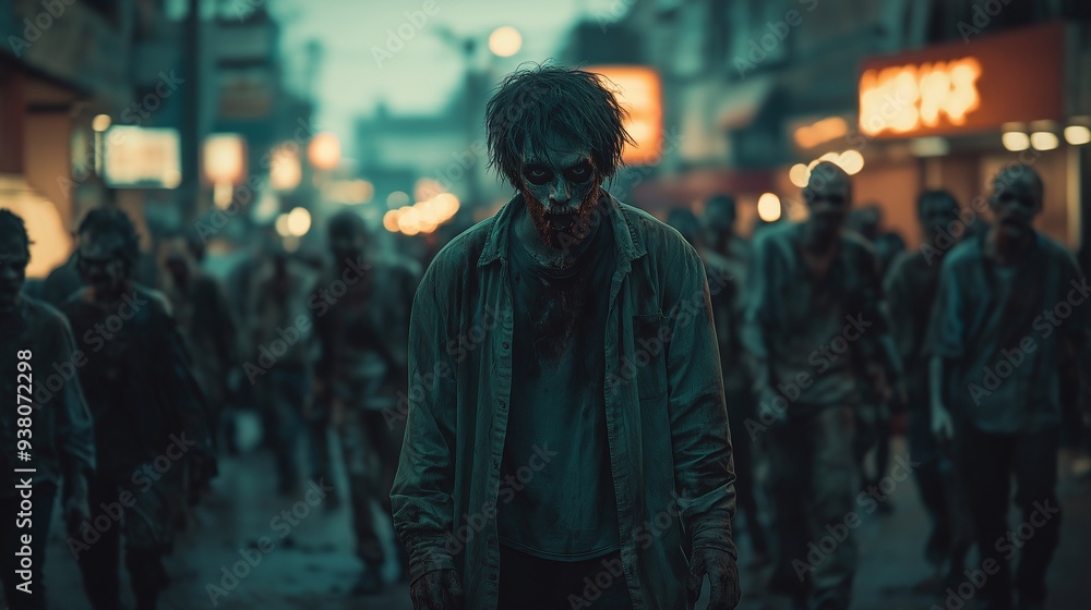 zombie apocalypse scene with hordes of undead wandering the background zombie apocalypse scene with hordes of undead wandering the background
