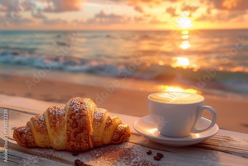 Good morning, cozy breakfast with coffee and croissant on the beach at sunrise photo