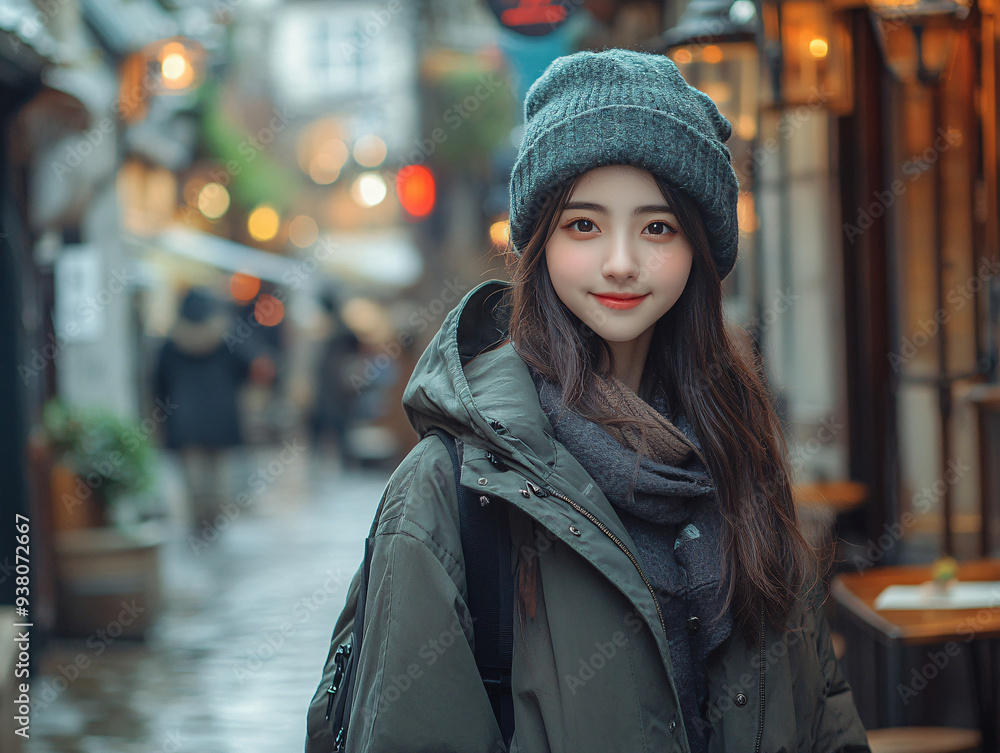 a young woman walking down a narrow street in an Japan urban a young woman walking down a narrow street in an Japan urban