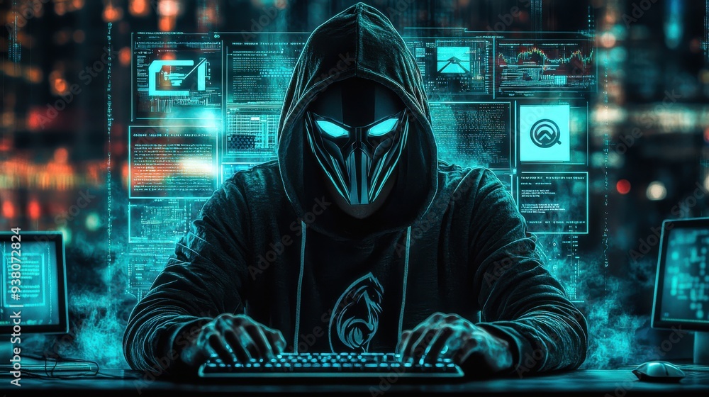 A hacker, face hidden by a mask, operates behind layers of anonymity, with a screen showing VPNs, proxy servers, and encrypted messaging. The dimly lit environment enhances secrecy. A hacker, face hidden by a mask, operates behind layers of anonymity, with a screen showing VPNs, proxy servers, and encrypted messaging. The dimly lit environment enhances secrecy.