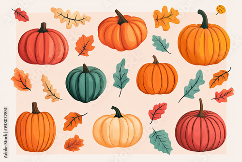 Autumn-inspired flat illustrations: Diverse pumpkins and leaves for seasonal theme