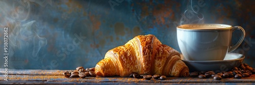 Cozy morning coffee and croissants for breakfast banner photo