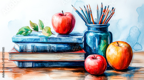 Vibrant Watercolor Scene of Organized Study Materials for Knowledge and Preparation