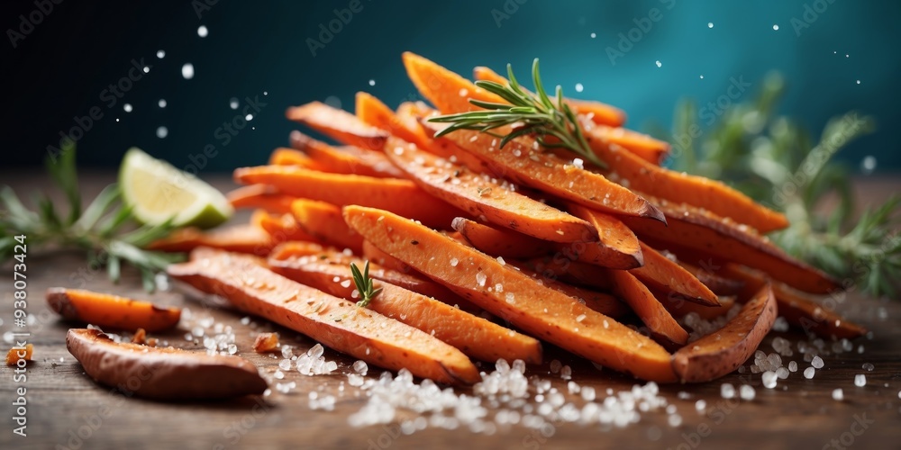 Healthy baked sweet potato fries sprinkled with sea salt and rosemary. Healthy baked sweet potato fries sprinkled with sea salt and rosemary.
