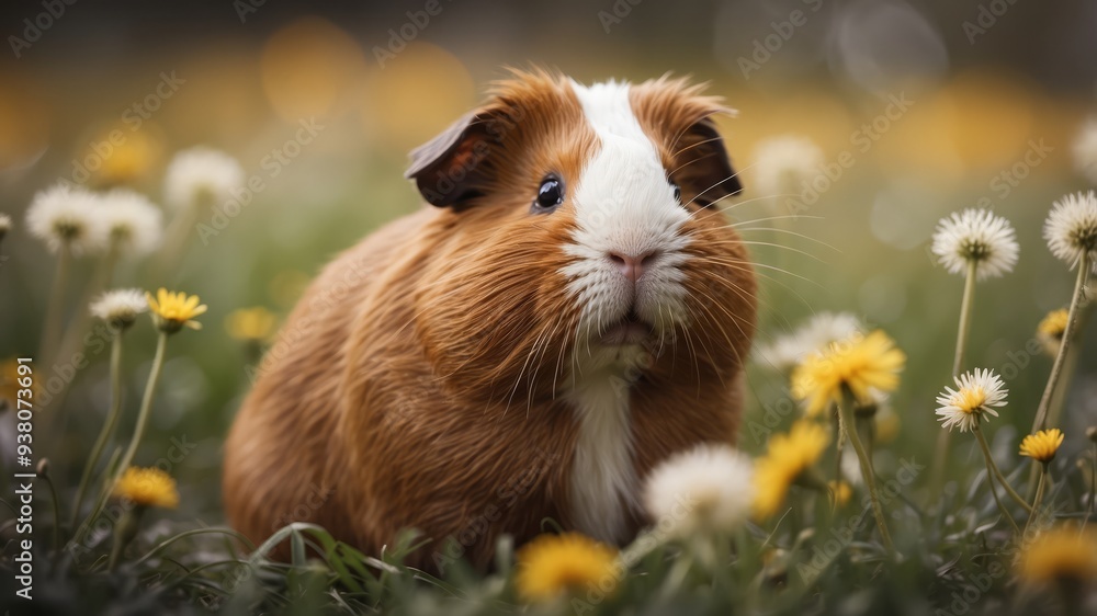 Brown and white guinea pig amidst dandelions in grassy field. Brown and white guinea pig amidst dandelions in grassy field.