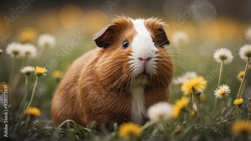 Brown and white guinea pig amidst dandelions in grassy field. photo