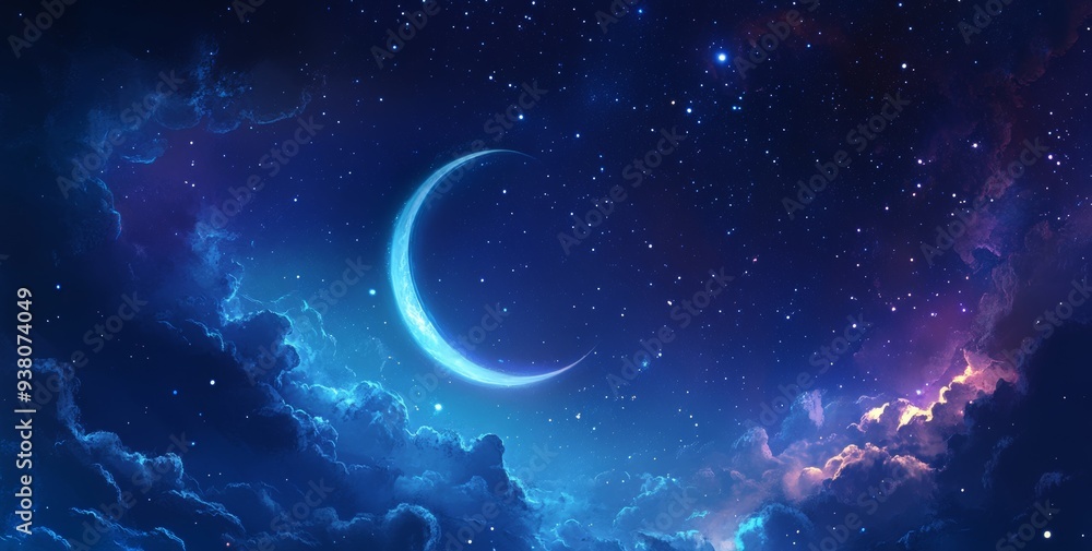 Night Sky with Crescent Moon and Stars Dreamy Clouds Night Sky with Crescent Moon and Stars Dreamy Clouds