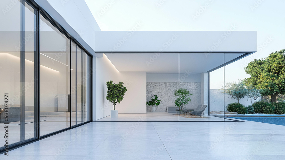 Fototapeta premium luxury house featuring large glass doors and a minimalist design, white background,
