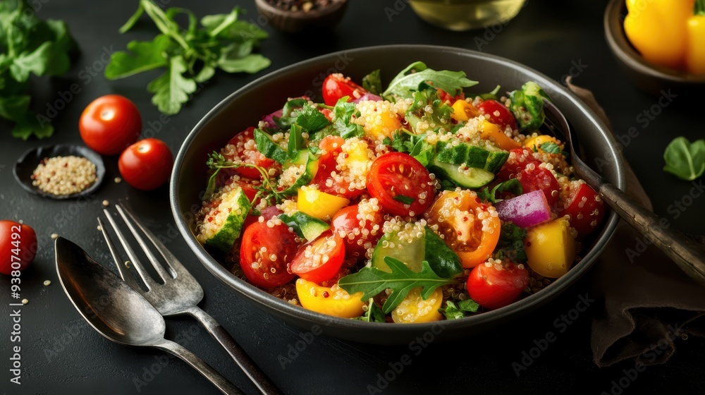 A bowl of quinoa salad with vibrant vegetables, illustrating the blend of ethics and nutrition in modern diets. A bowl of quinoa salad with vibrant vegetables, illustrating the blend of ethics and nutrition in modern diets.