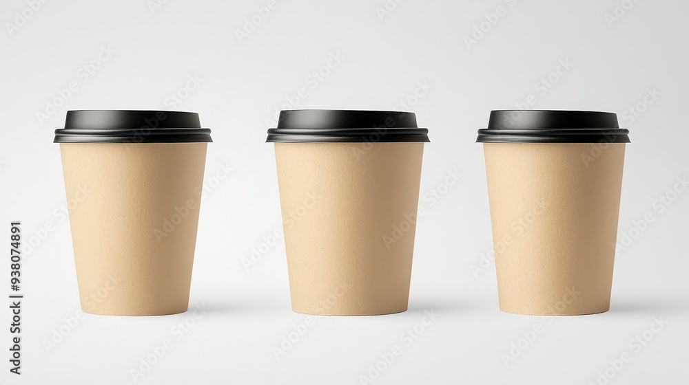 Three disposable paper cups with black lids on a white background. Three disposable paper cups with black lids on a white background.