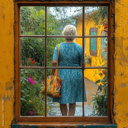 Artistic raindropcovered window with an elderly woman in a blue dress and white shoes walking up to her house photo