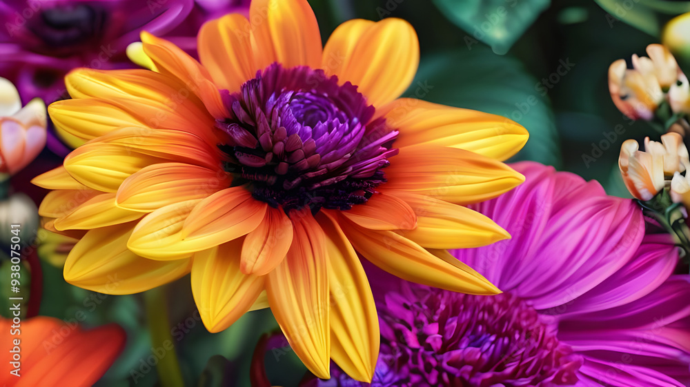 Vibrant garden blooms featuring orange and purple daisies during springtime Vibrant garden blooms featuring orange and purple daisies during springtime