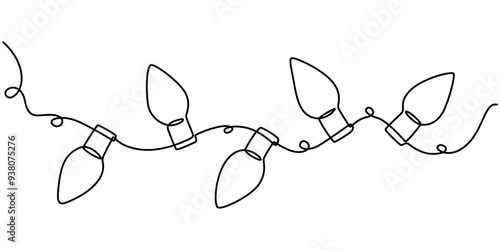 Christmas Lights Continuous Line Drawing with Editable Stroke, Christmas garland in continuous one line art style. Simple vector illustration