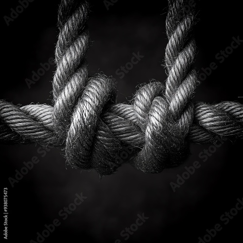 Canon 5D Mark III photo of horizontal ropes with a loosening knot, hyperrealistic detail, 2470mm lens, f40, ISO 200, 1500s, dramatic lighting, high contrast photo