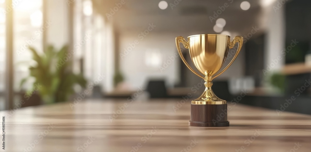 Golden Trophy on Wooden Table in Modern Office Golden Trophy on Wooden Table in Modern Office