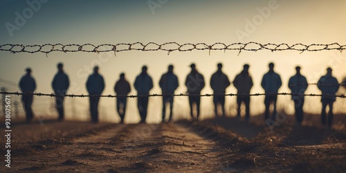 Silhouettes of migrants behind barbed wire at a border crossing. photo