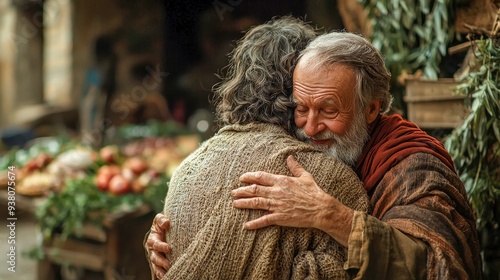 The Prodigal Son returns, embraced by his father, with a lavish feast in the background. The scene highlights forgiveness, redemption, and reconciliation.