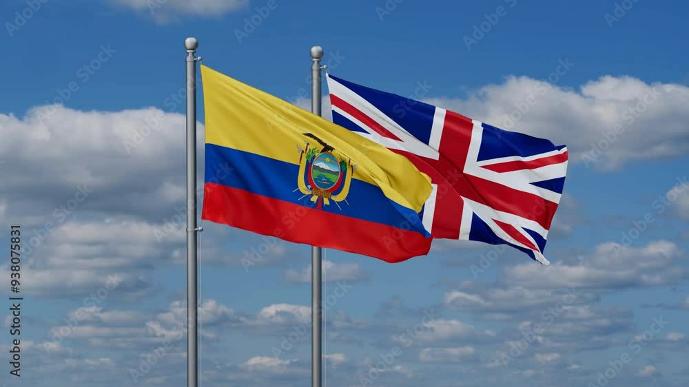United Kingdom and Ecuador flags flying together, video concept of the relationship, two country cooperation concept United Kingdom and Ecuador flags flying together, video concept of the relationship, two country cooperation concept