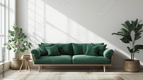 Living room interior in Scandinavian style. Emerald green sofa against white wall. Minimalistic and cozy interior design.