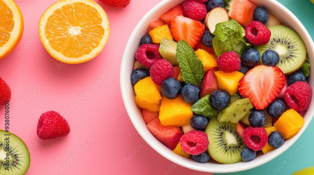 A vibrant salad bowl filled with colorful fruits and vegetables, symbolizing a nutritious and balanced diet A vibrant salad bowl filled with colorful fruits and vegetables, symbolizing a nutritious and balanced diet