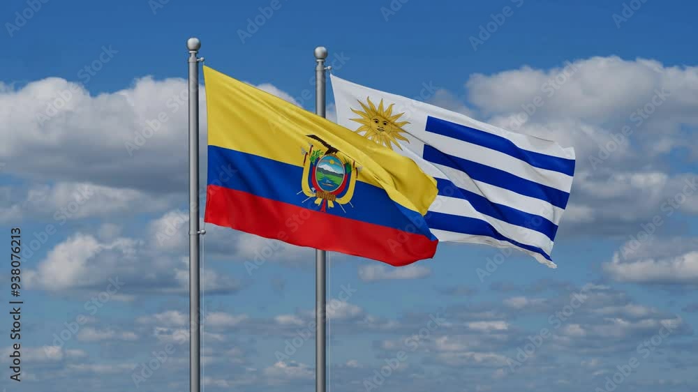 Uruguay and Ecuador flags flying together, video concept of the relationship, two country relations concept Uruguay and Ecuador flags flying together, video concept of the relationship, two country relations concept