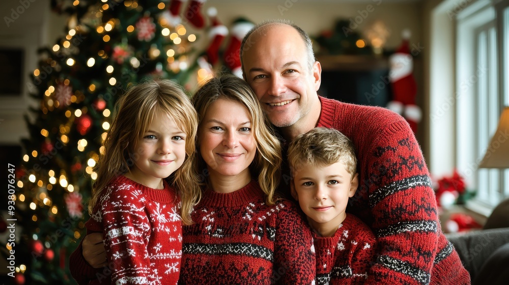 A heartwarming Christmas family portrait with coordinating holiday attire, posed in front of a decorated tree. The scene conveys joy, togetherness, and festive spirit. A heartwarming Christmas family portrait with coordinating holiday attire, posed in front of a decorated tree. The scene conveys joy, togetherness, and festive spirit.