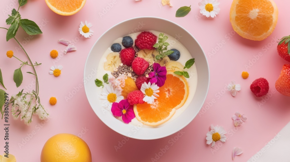 An overhead shot of a smoothie bowl artfully decorated with edible flowers and fresh fruits, showcasing nutrition and aesthetics An overhead shot of a smoothie bowl artfully decorated with edible flowers and fresh fruits, showcasing nutrition and aesthetics