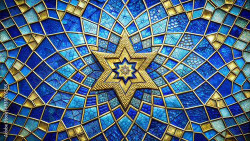 Abstract Mosaic Background with Blue and Gold Glass Tiles Featuring Star of David