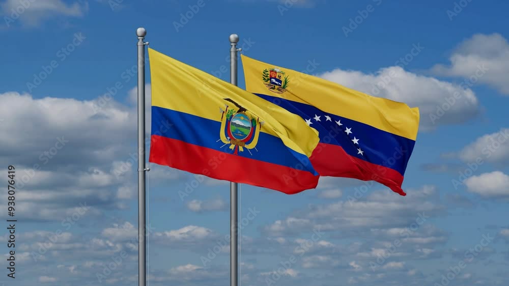 Venezuela and Ecuador flags flying together, video concept of the relationship Venezuela and Ecuador flags flying together, video concept of the relationship
