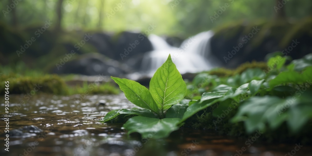 A tiny waterfall, nestled in a forest, sports a drifting green leaf atop its crest. A tiny waterfall, nestled in a forest, sports a drifting green leaf atop its crest.